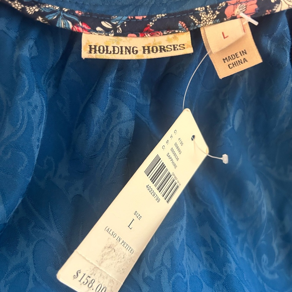 Anthropologie Sapphire Blue on Blue Floral Cold Shoulder Swing Dress Size L - Picture 5 of 9